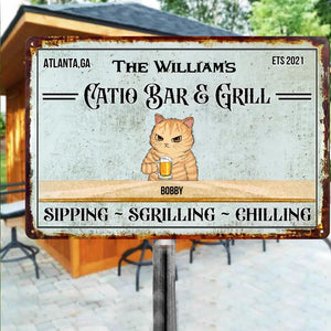 Personalized The William's Catio Bar & Grill Sipping - Sgrilling - Chilling Cats & Name Metal Sign Printed 23APR-DT03