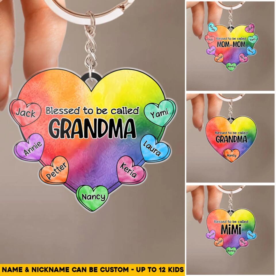 Personalized Blessed To Be Called Grandma Colorful Heart with Kid's Name Acrylic Keychain Printed PNHQ0604