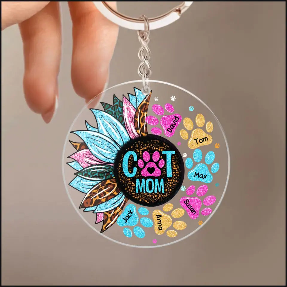 Personalized Cat Mom Sunflower & Name Acrylic Keychain Dog Lovers Gift Printed PNHQ1404