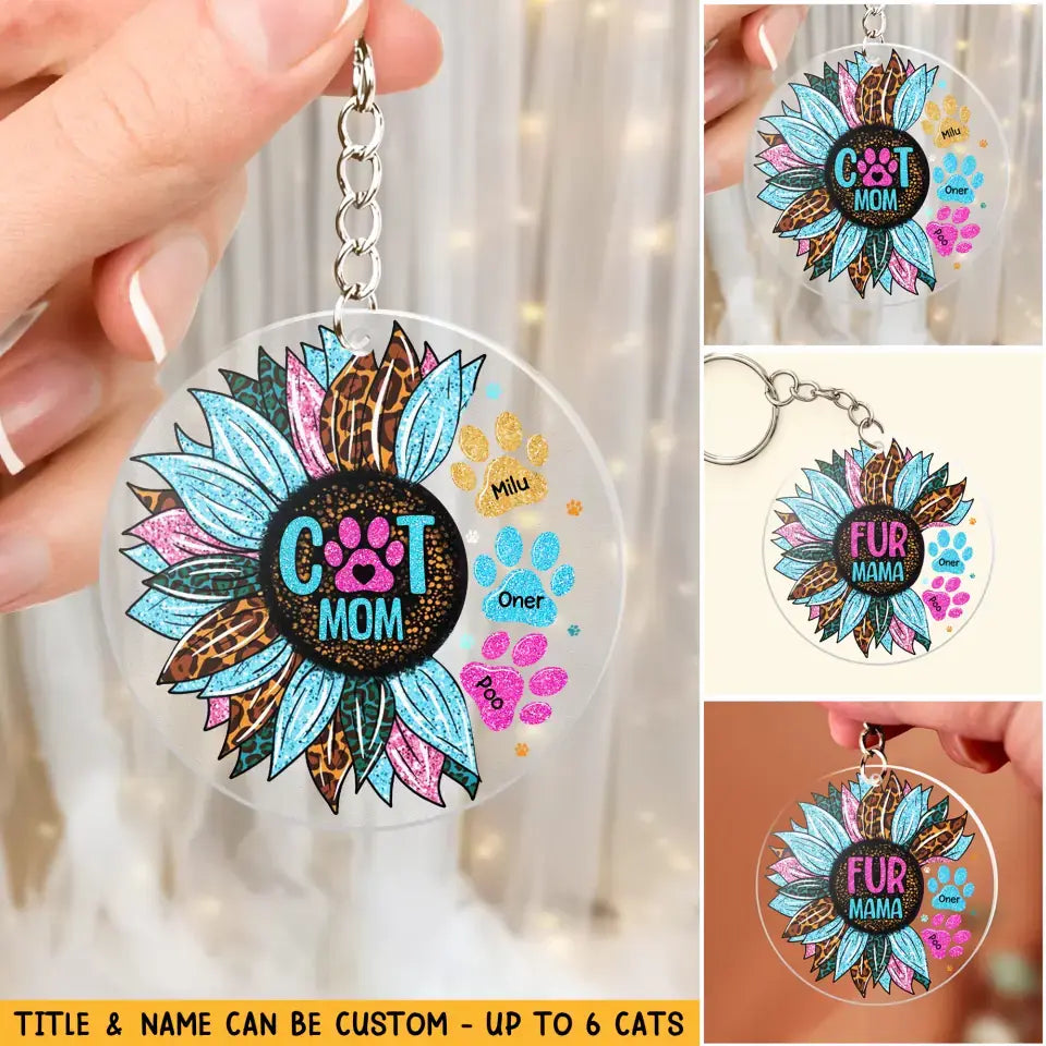 Personalized Cat Mom Sunflower & Name Acrylic Keychain Dog Lovers Gift Printed PNHQ1404