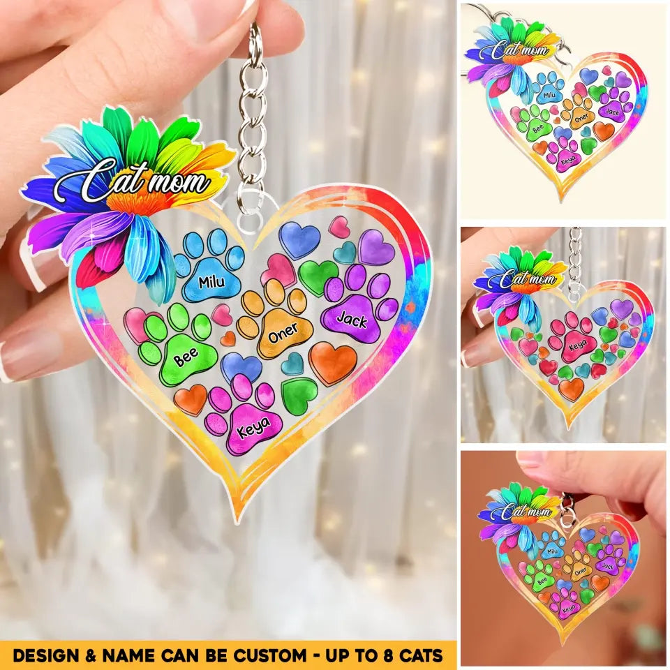 Personalized Cat Mom Colorful Flowers Heart & Cat Name Acrylic Keychain Printed QTHQ1404