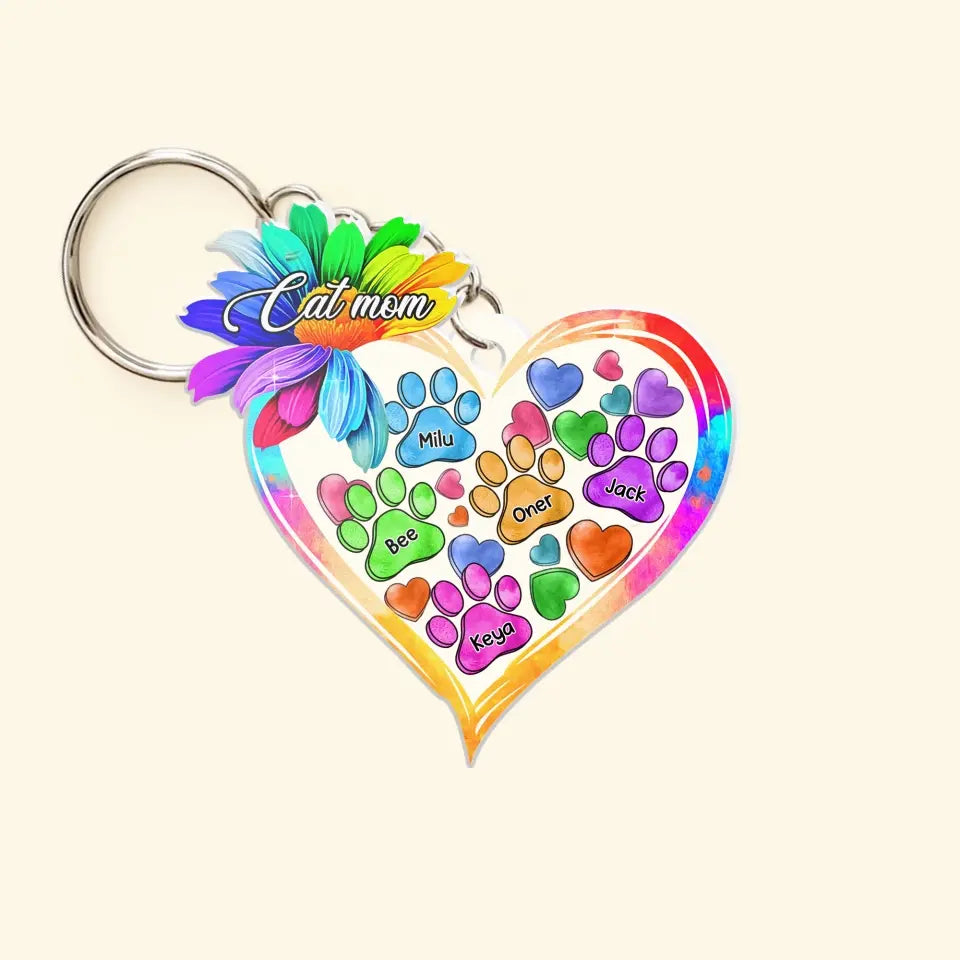 Personalized Cat Mom Colorful Flowers Heart & Cat Name Acrylic Keychain Printed QTHQ1404