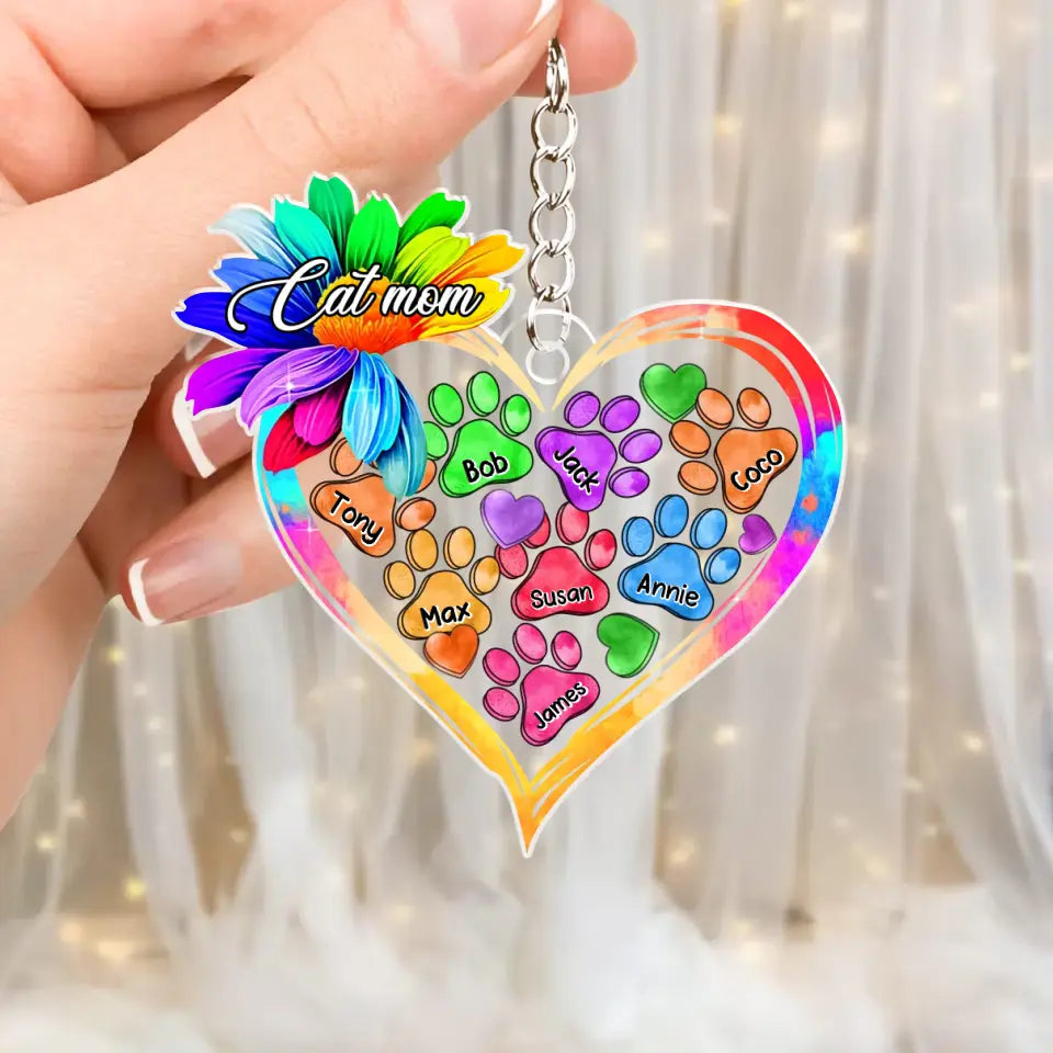 Personalized Cat Mom Colorful Flowers Heart & Cat Name Acrylic Keychain Printed QTHQ1404