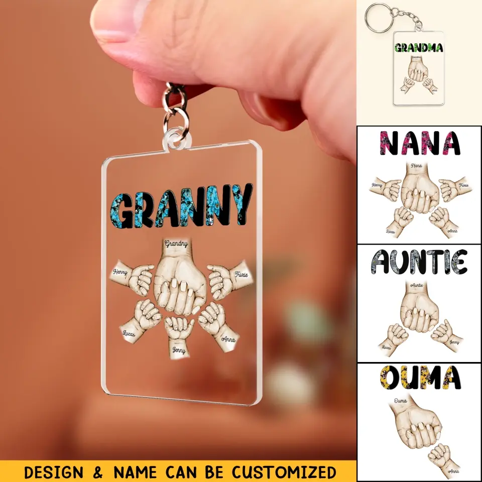 Personalized Grandma Hand & Kid Name Acrylic Keychain Printed 23APR-BQT14