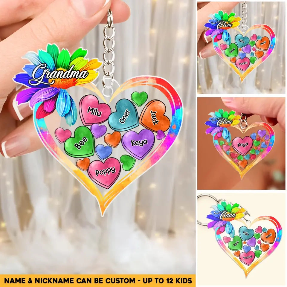 Personalized Grandma Colorful Sunflower & Heart Kid Name Acrylic Keychain Printed PNHQ1504