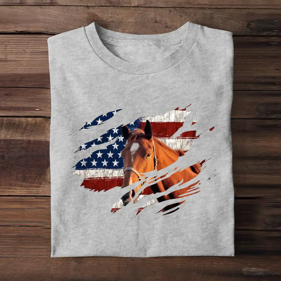 Personalized Upload Your Horse Photo US Flag Tshirt Printed 23APR-PTN19