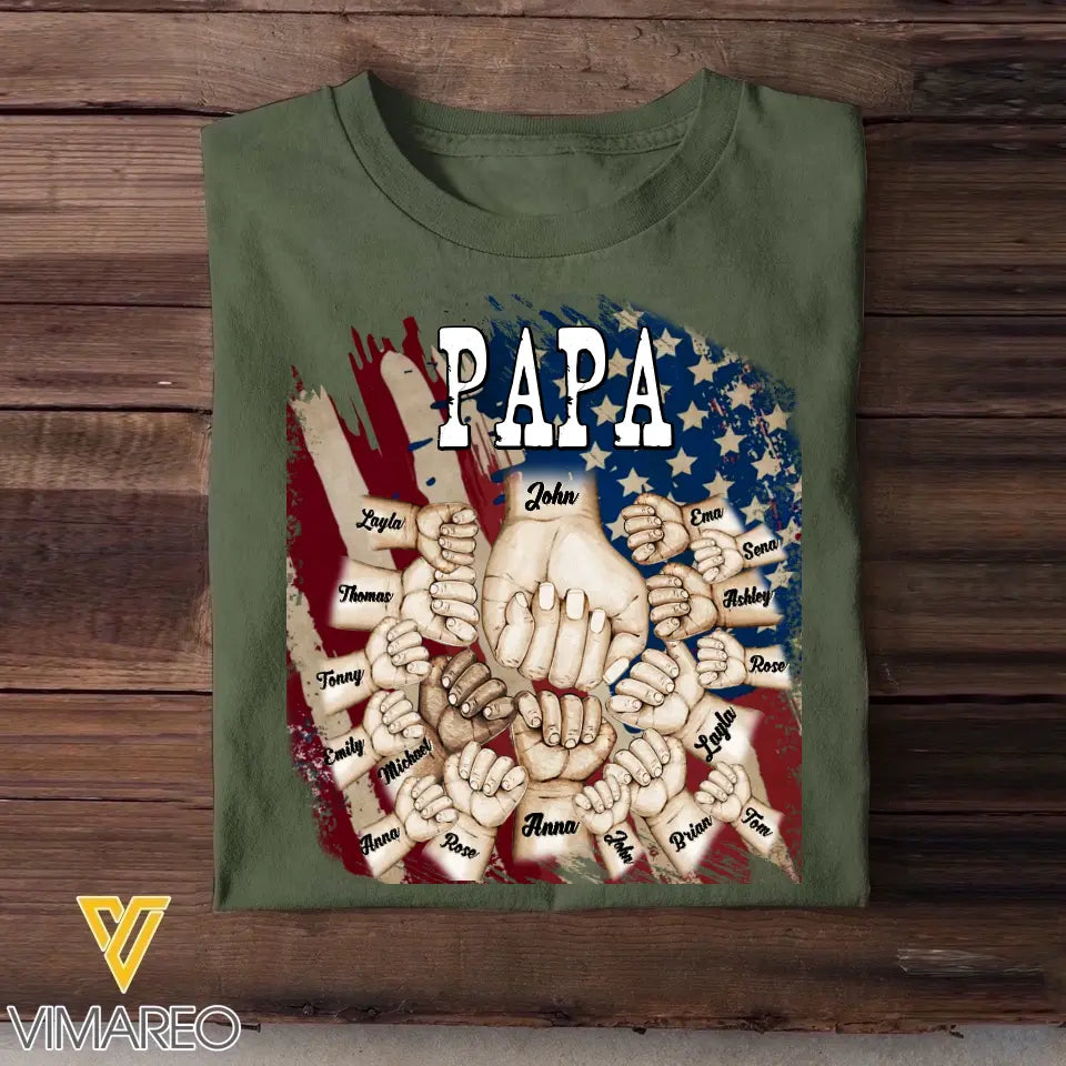 Personalized Papa US Flag Background Hands With Kid Name Printed Tshirts 23APR-TB20