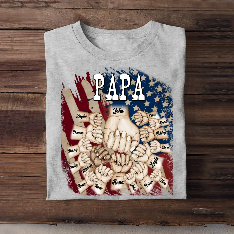 Personalized Papa US Flag Background Hands With Kid Name Printed Tshirts 23APR-TB20