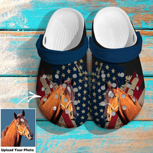 Personalized Upload Your Horse Photo US Flag Clog Slipper Shoes Printed 23APR-PN21