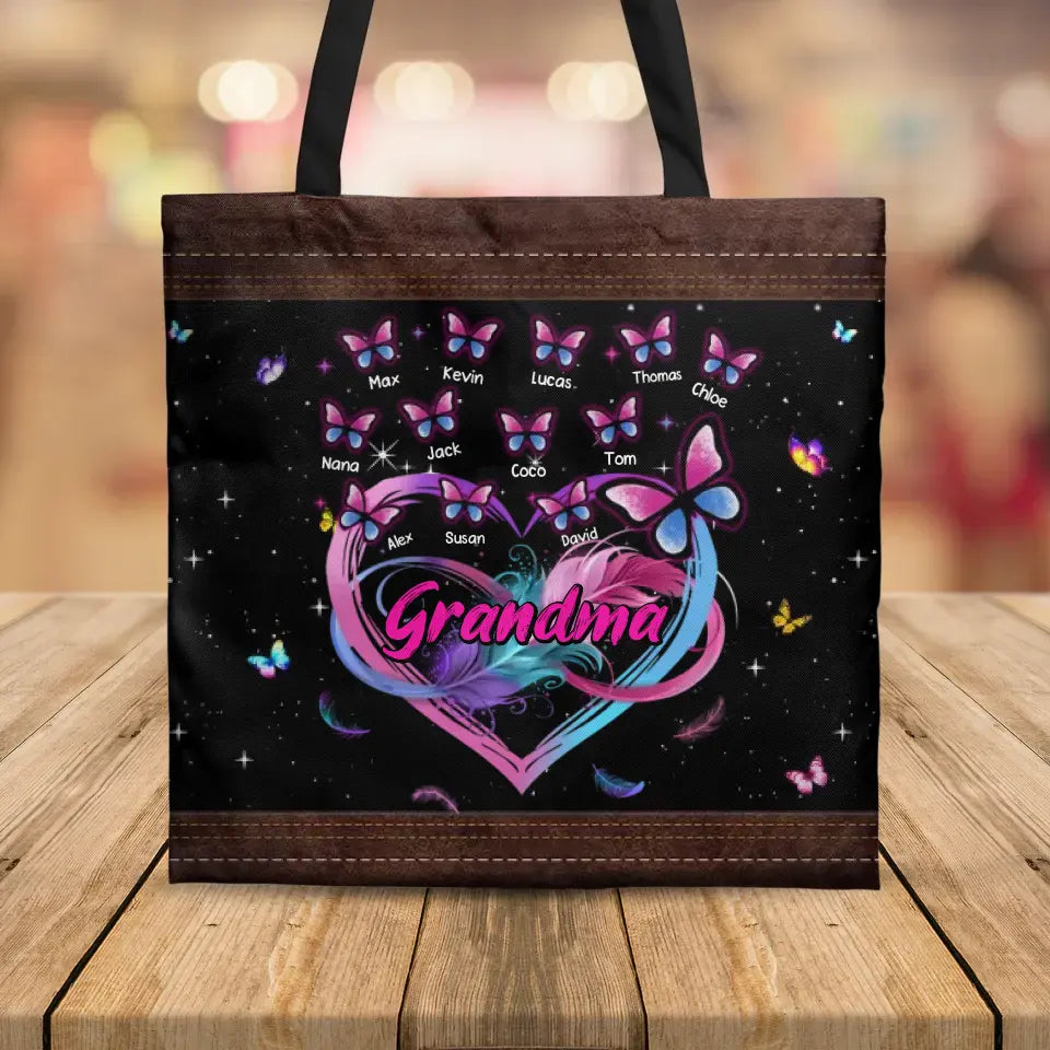 Personalized Grandma Pink Heart Butterflies Kid Name Tote Bag Printed PNHQ2404