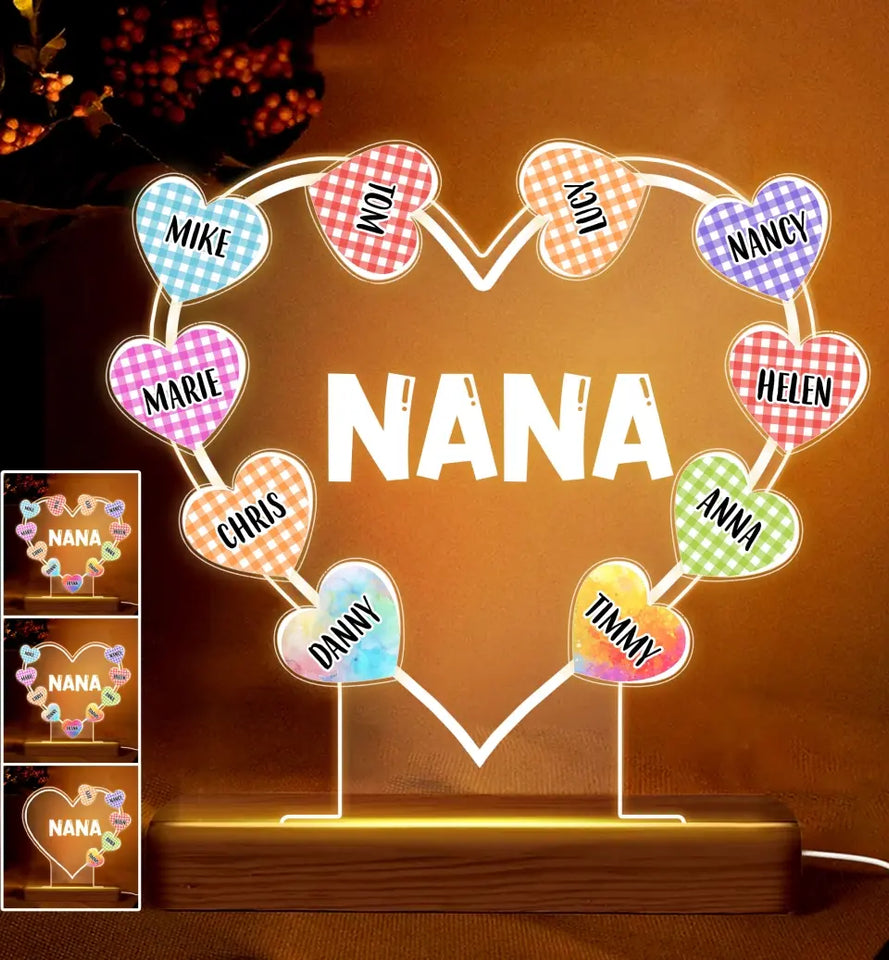 Personalized Grandma Nana with Kid Name Heart Led Lamp Printed QTTB2804