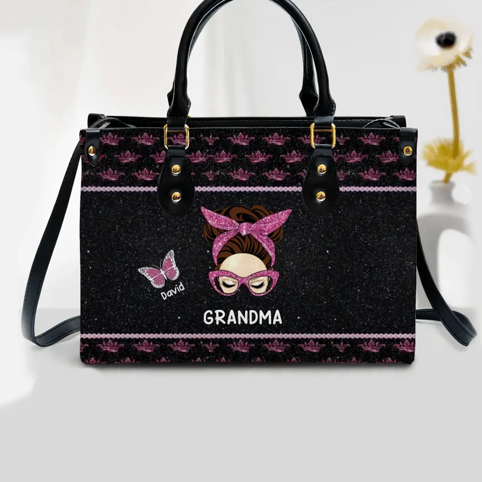 Personalized Butterflies Grandma with Kid Name Leather Bag Printed PNPN0405