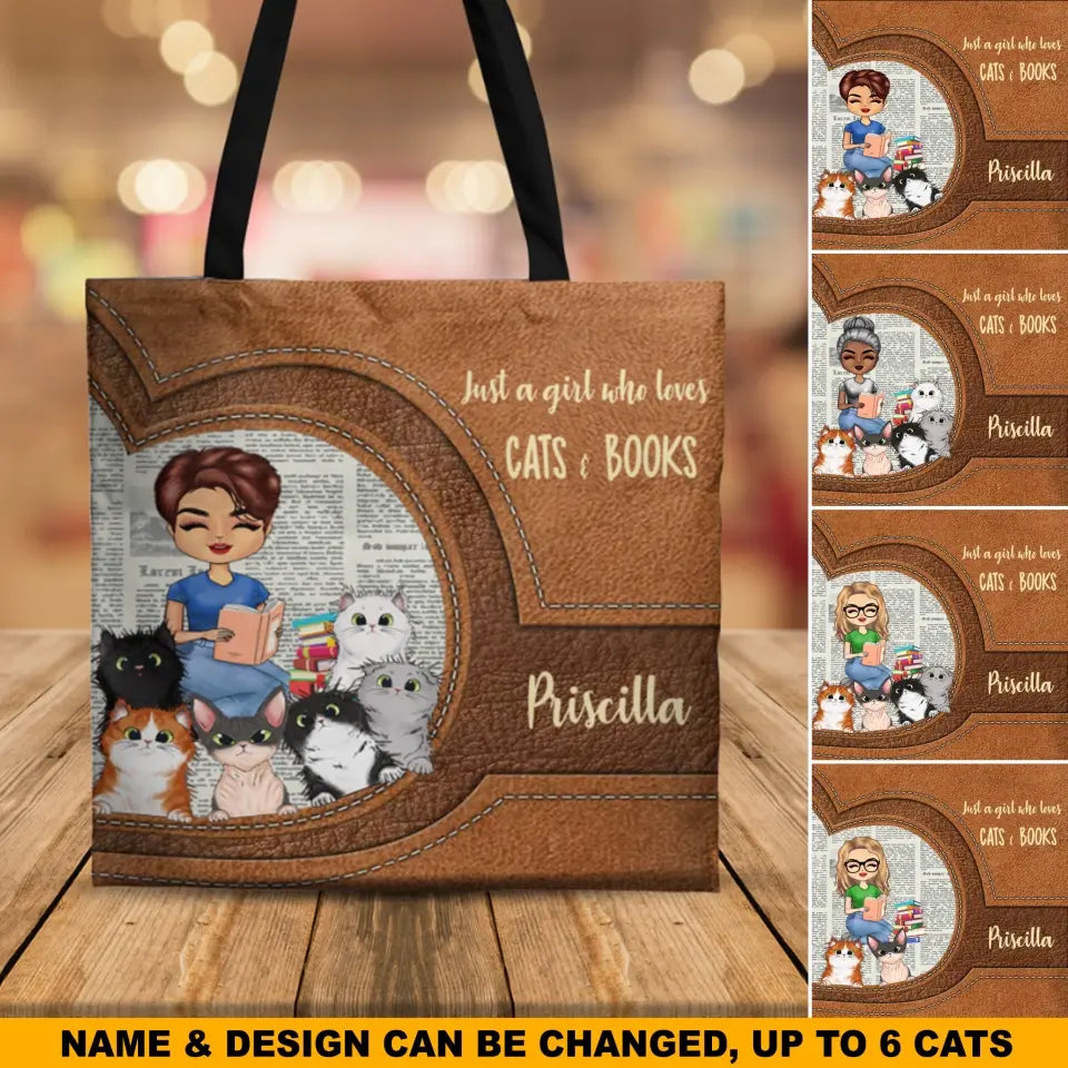 Personalized Just A Girl Who Loves Cats & Book Tote Bag Printed PNBQT0905