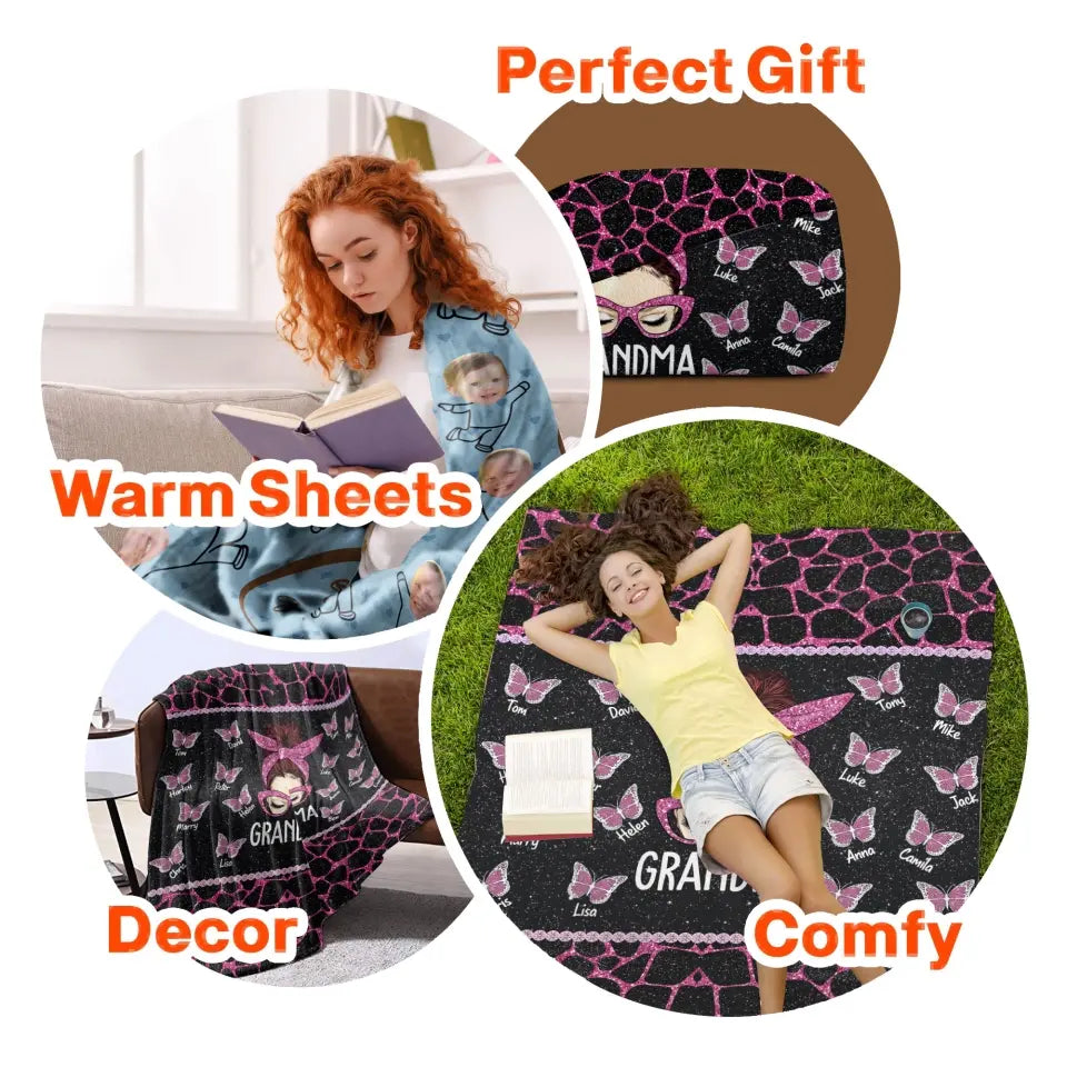 Personalized Grandma Butterflies with Kid Name Quilt Blanket Printed PNTB0905