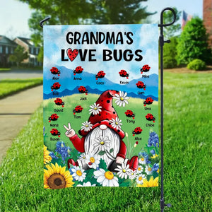 Personalized Grandma's Love Bugs Gnome with Kid Name Garden Flag Printed QTHQ1105