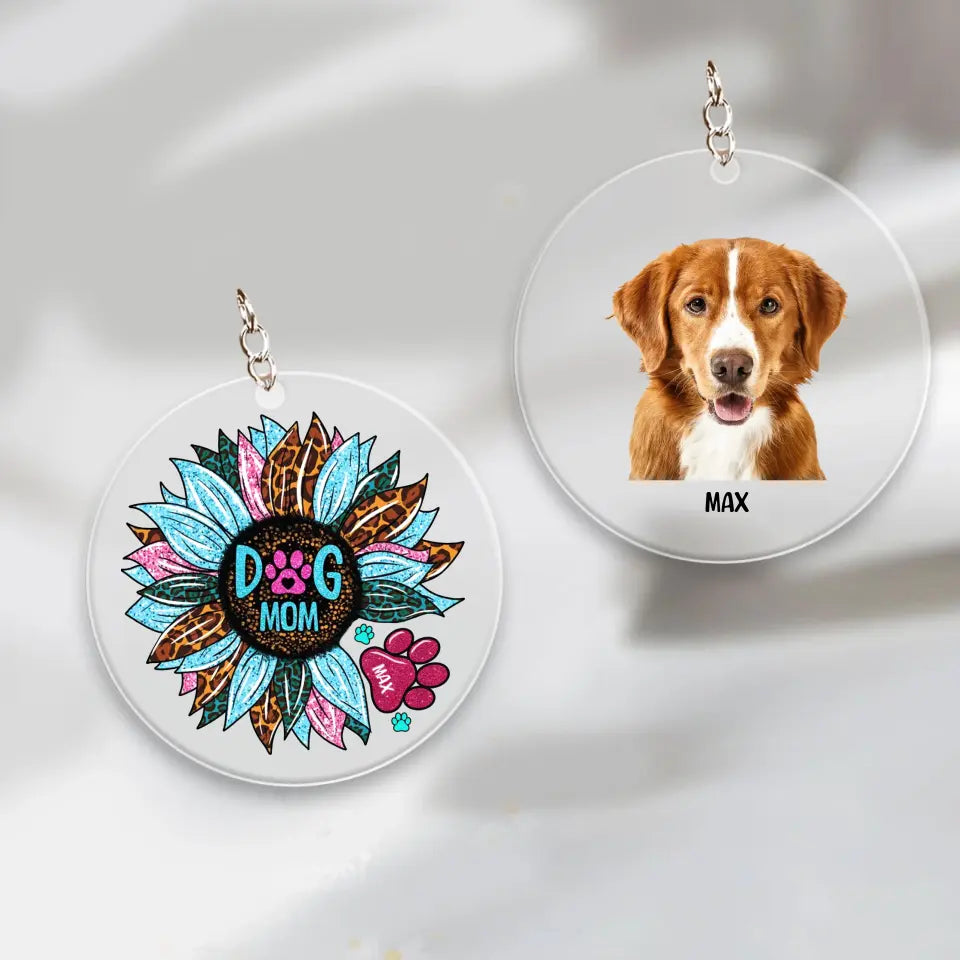 Personalized Upload Your Dog Photo with Name Dog Mom Sunflower Acrylic Keychain Printed QTTB1505