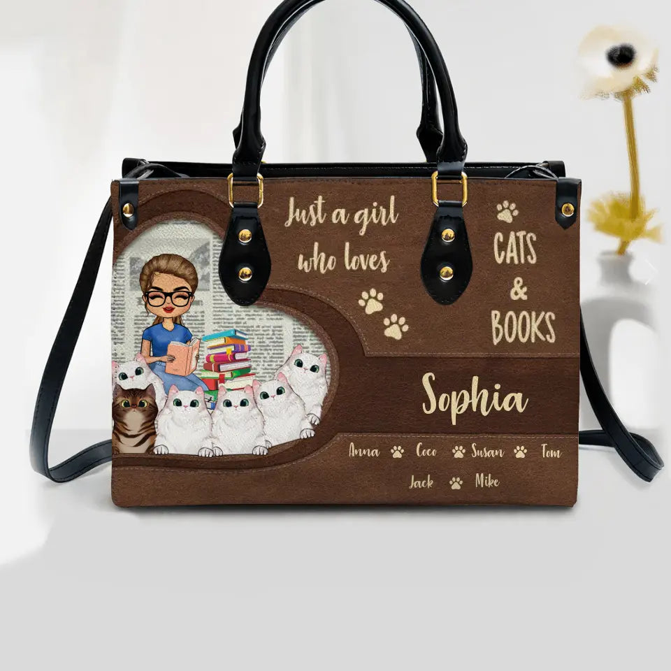 Personalized Just A Girl Who Loves Cats & Books Cat Lovers Gift Book Lovers Leather Bag Printed PNBQT1705