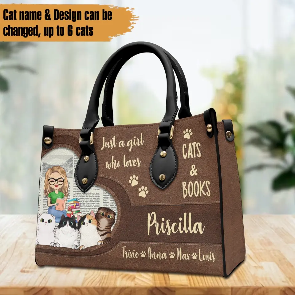 Personalized Just A Girl Who Loves Cats & Books Cat Lovers Gift Book Lovers Leather Bag Printed PNBQT1705