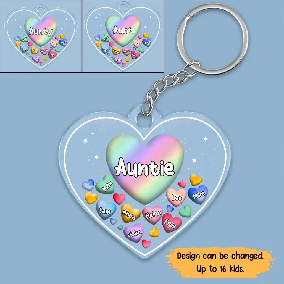 Personalized Auntie Hearts with Kid Name Acrylic Keychain Gift Printed 23MAY-TB18