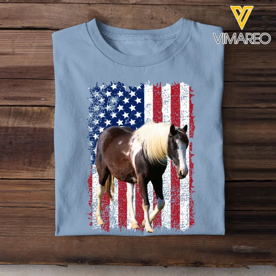 Personalized Upload Your Horse Photo US Flag Tshirt Printed 23MAY-PTN04