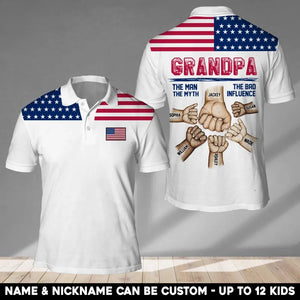 Personalized Grandpa Hands with Kid Names US Flag Polo Shirt Printed PNHQ2205