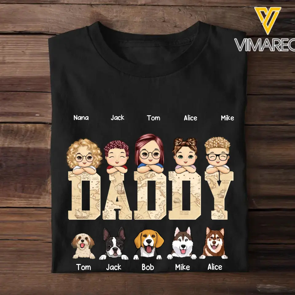 Personalized Daddy Kids & Dogs Gift for Dad Lovers Dog Gift T-Shirt Printed PNHQ2505