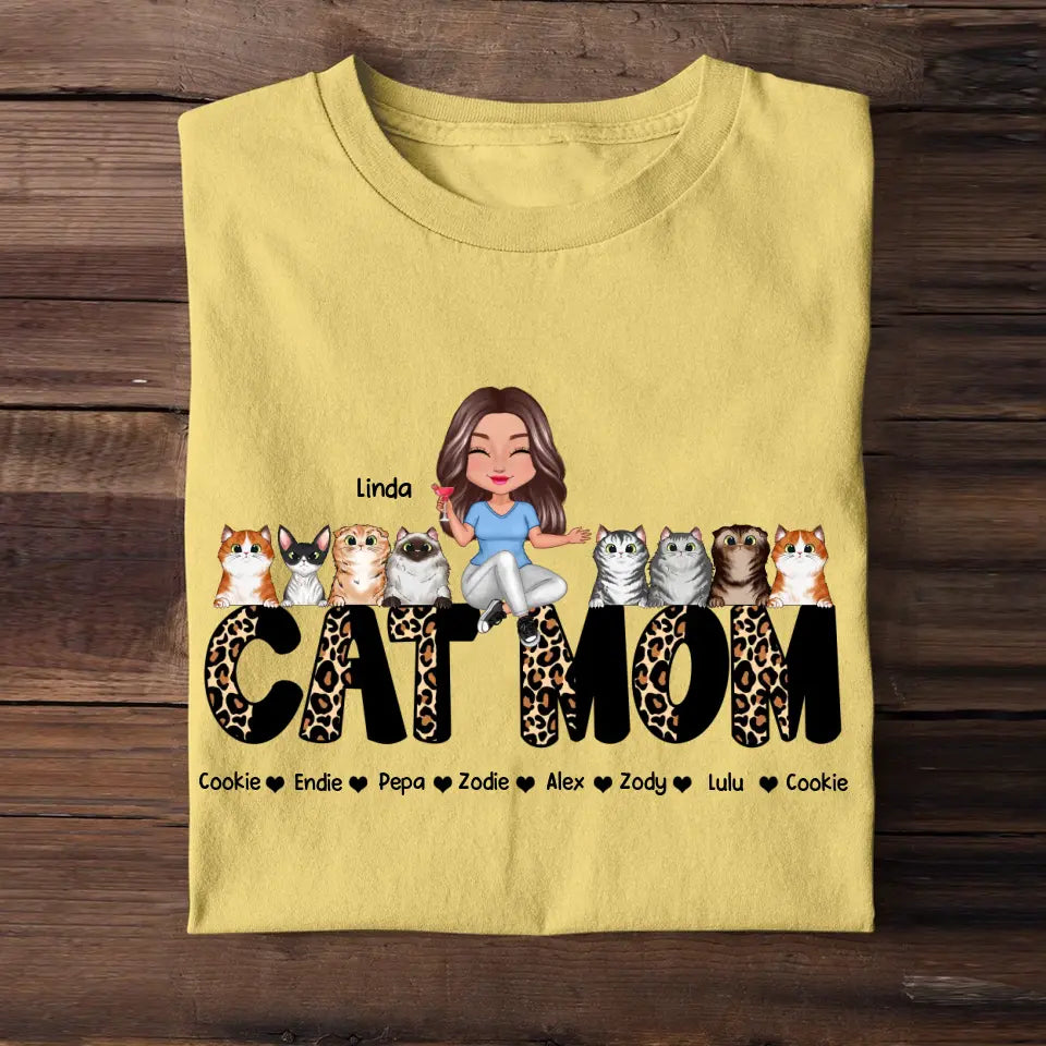 Personalized Cat Mom Grandma with Kids Names T-shirt Printed MTPN2705