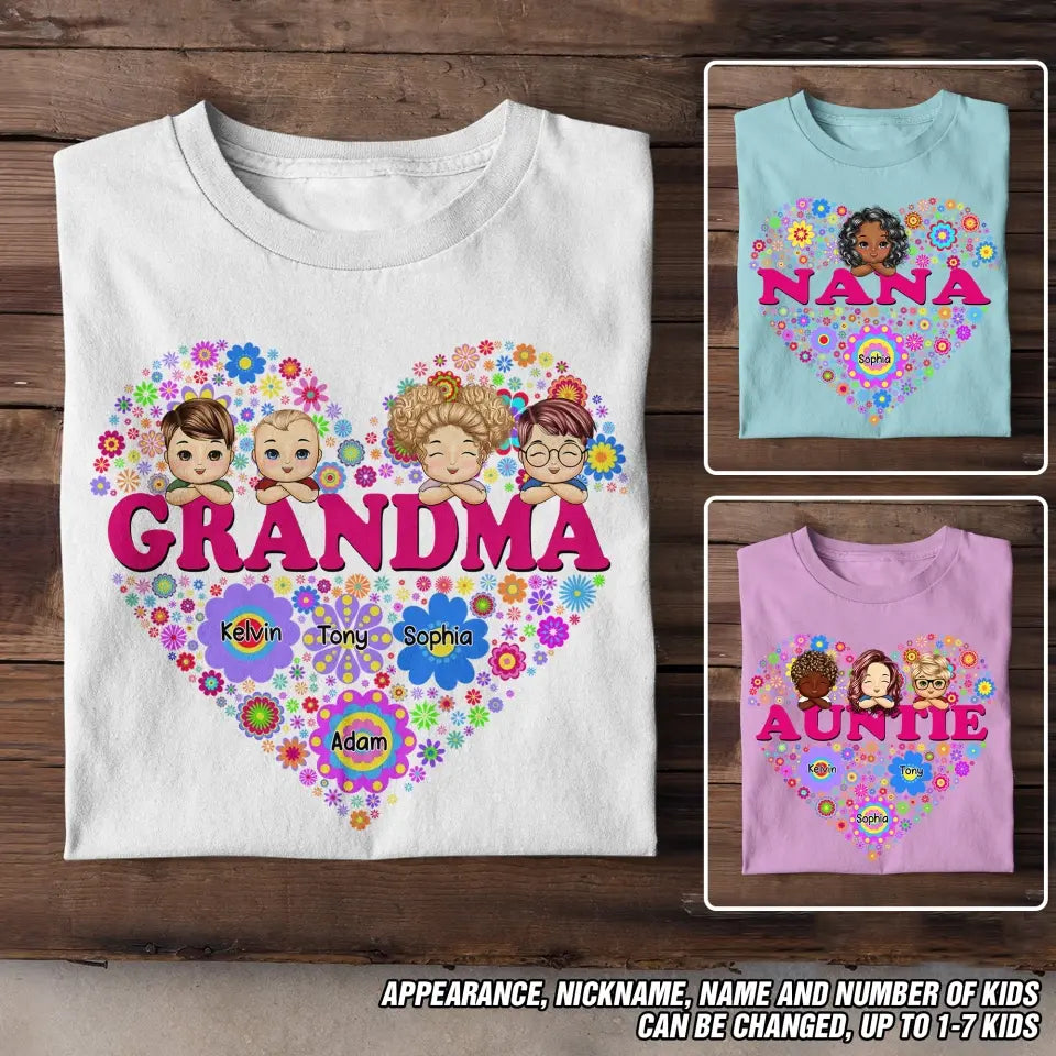 Personalized Grandma & Kid Heart Tshirt Printed PNDT0206