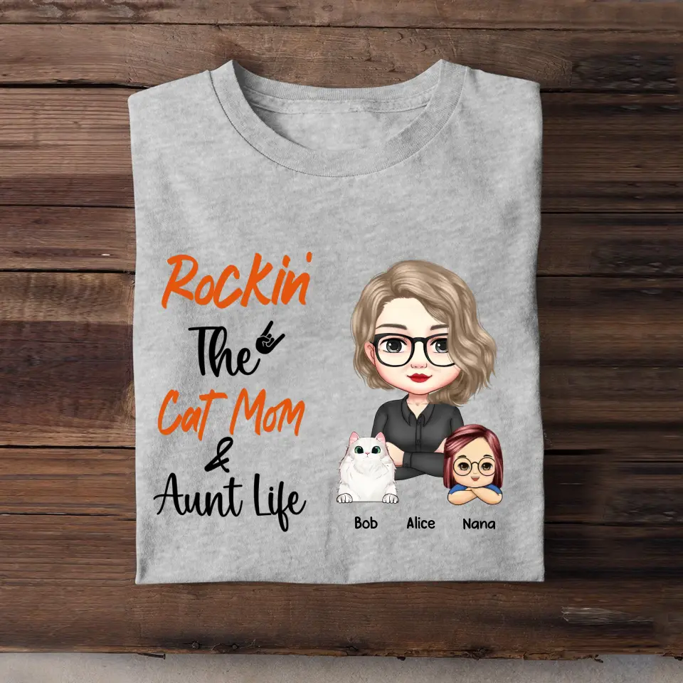 Personalized Rockin The Cat/Dog Mom & Aunt Life T-shirt Printed 23JUN-PTN01