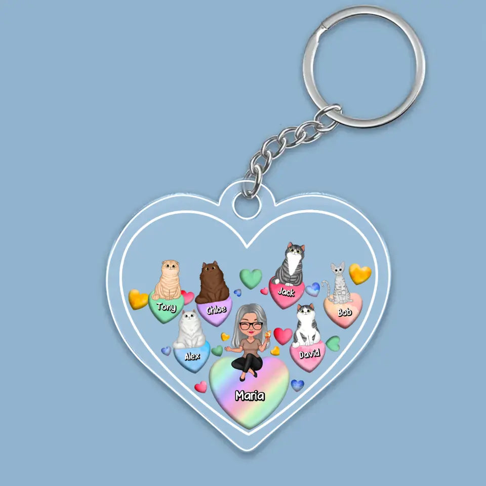 Personalized Cat Mom Heart with Kid Names Acrylic Keychain Printed MTTB3105