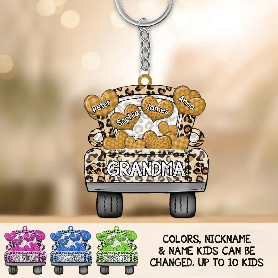 Personalized Grandma Car with Hearts & Kid Names Aluminium Keychain Printed PNDT0506