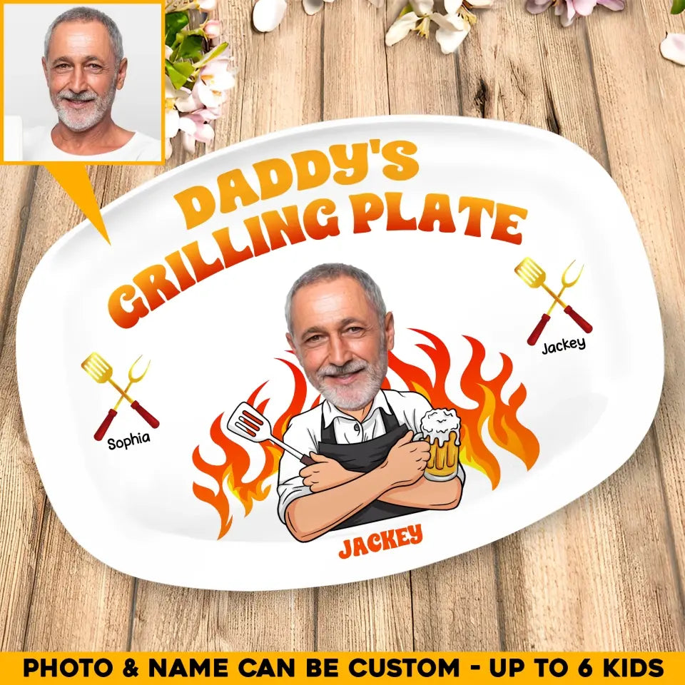 Personalized Upload Your Granpa/Father Photo Daddy's Grilling Plate with Kid Names Resin Platter Printed PNHQ0906