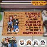 Personalized A Lovely Lady And Her Grumpy Old man Live Here With Their Crazy Dogs Dogs Lovers Doormat Printed QTPN0906