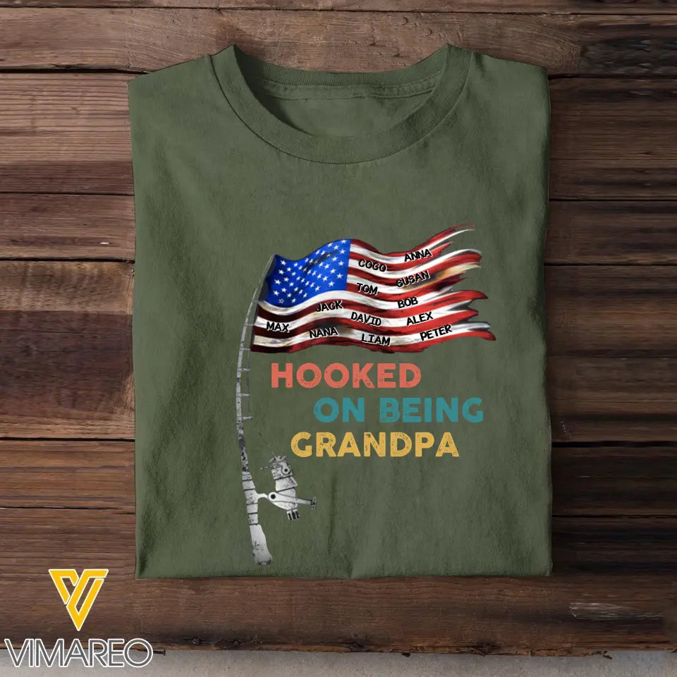 Personalized Hooked On Being Grandpa with Kid Names Tshirt Printed QTTB1306