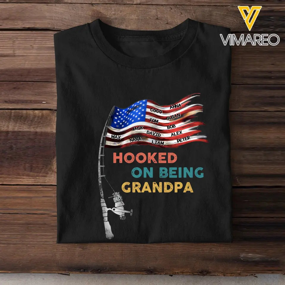 Personalized Hooked On Being Grandpa with Kid Names Tshirt Printed QTTB1306