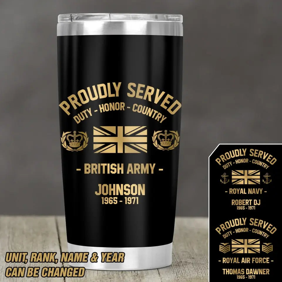 Personalized Australian Veteran Soldier Proudly Served Ranks And Time Golden Printed Tumbler