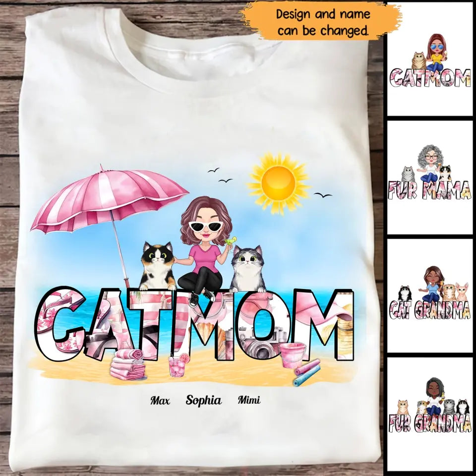 Personalized Cat Mom Summer Beach Pink Colors Art 2D Print For Cat Lovers