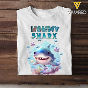 Personalized Mommy Shark Grandma Shark Watercolor With Kid Names T-shirt Printed QTKH0307