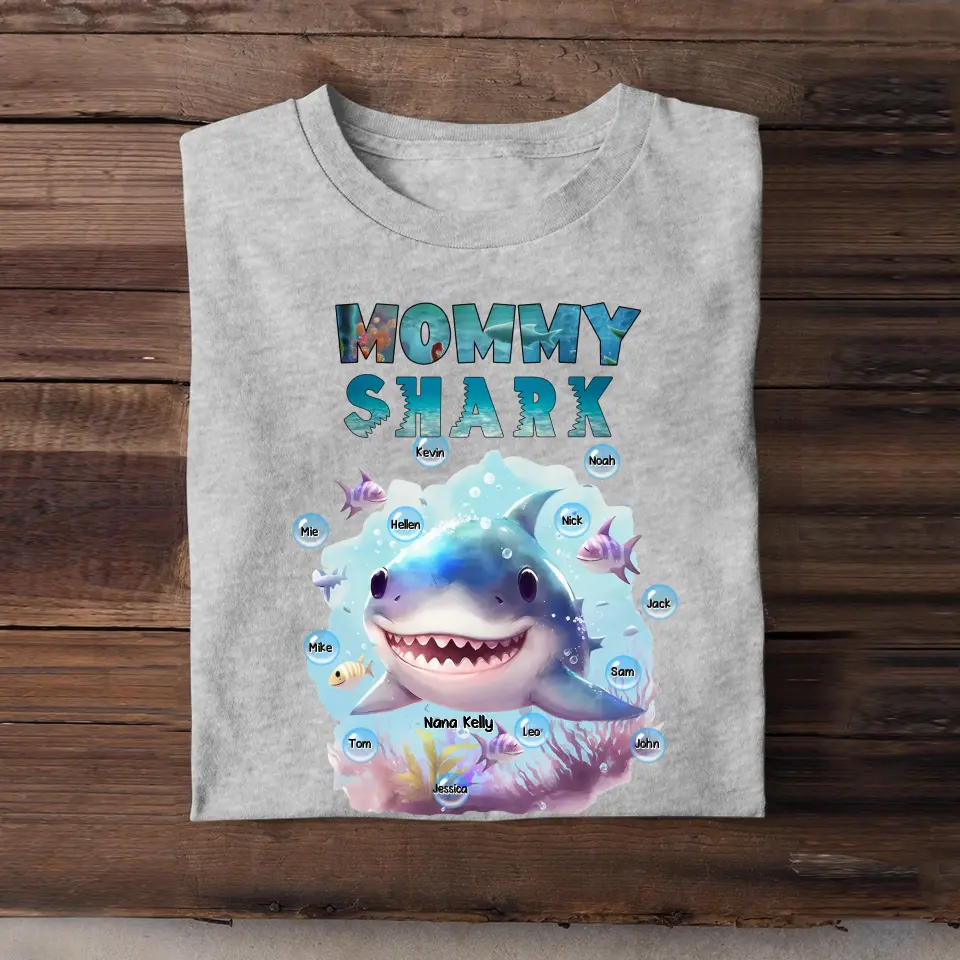 Personalized Mommy Shark Grandma Shark Watercolor With Kid Names T-shirt Printed QTKH0307