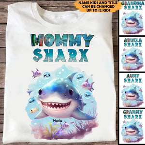 Personalized Mommy Shark Grandma Shark Watercolor With Kid Names T-shirt Printed QTKH0307