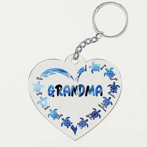 Personalized Grandma Heart Turtles with Kid Name Acrylic Keychain Printed PNTB3006