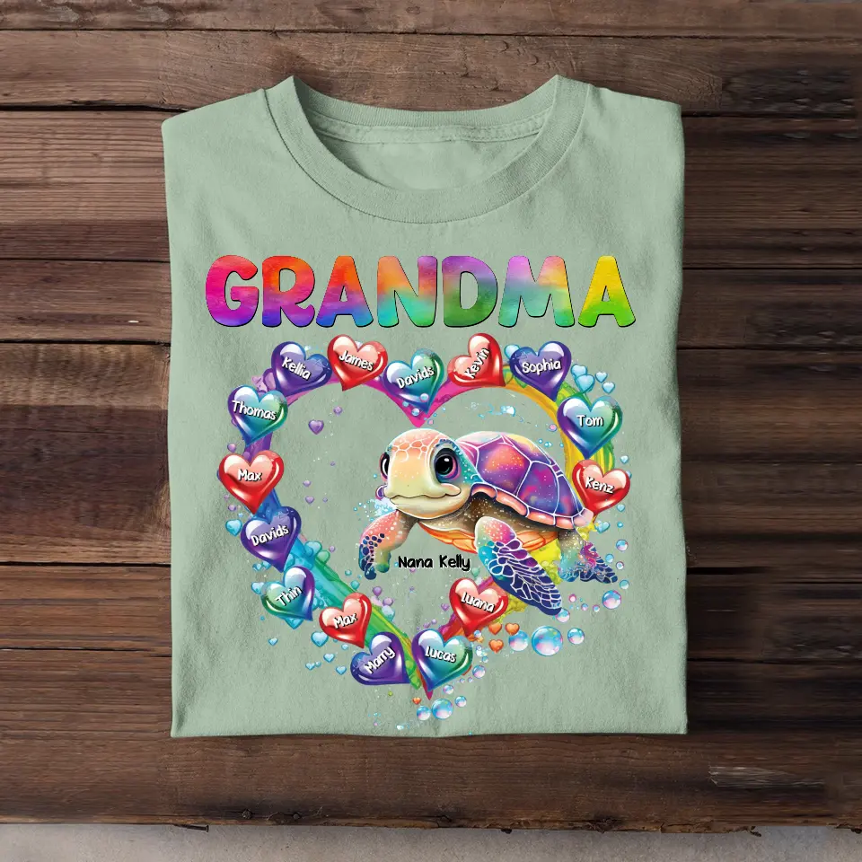 Personalized Grandma Nana Mom Auntie Chibi Turtles Heart Water Colorful Art 2D Printed Tshirt PTN57