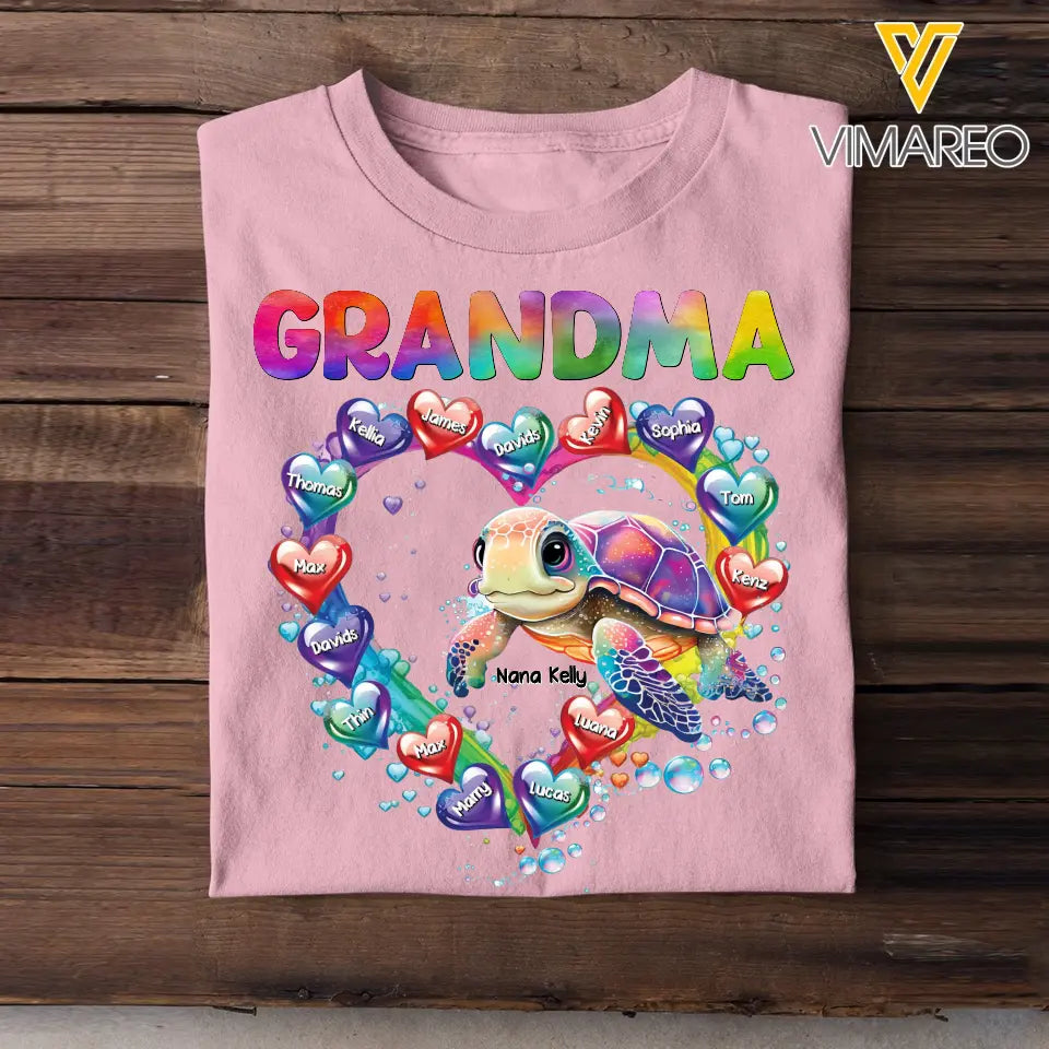 Personalized Grandma Nana Mom Auntie Chibi Turtles Heart Water Colorful Art 2D Printed Tshirt PTN57