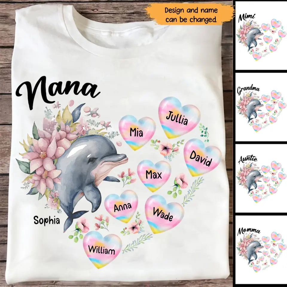 Personalized Nana Grandma Dolphin Hearts with Kid Names T-shirt Printed MTHN0507