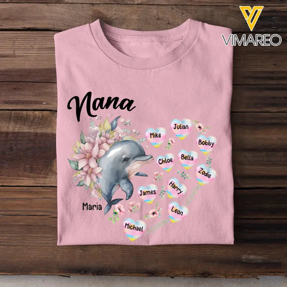 Personalized Nana Grandma Dolphin Hearts with Kid Names T-shirt Printed MTHN0507