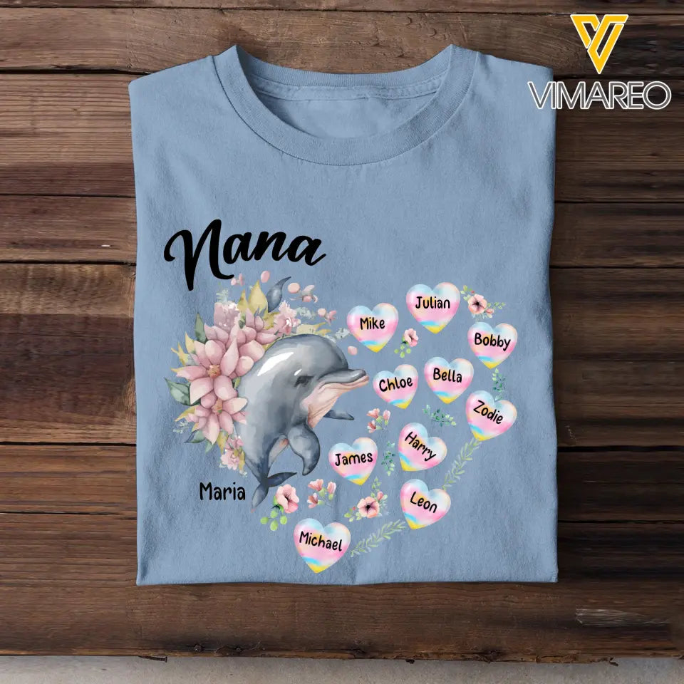 Personalized Nana Grandma Dolphin Hearts with Kid Names T-shirt Printed MTHN0507