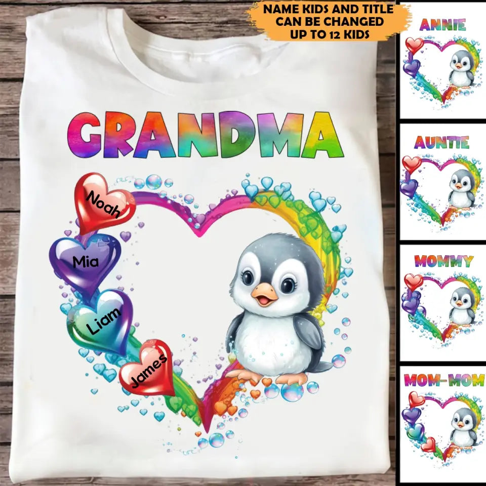 Personalized Grandma Penguin Hearts with Kid Names Printed T-shirt HTHKVH0507