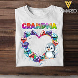 Personalized Grandma Penguin Hearts with Kid Names Printed T-shirt HTHKVH0507