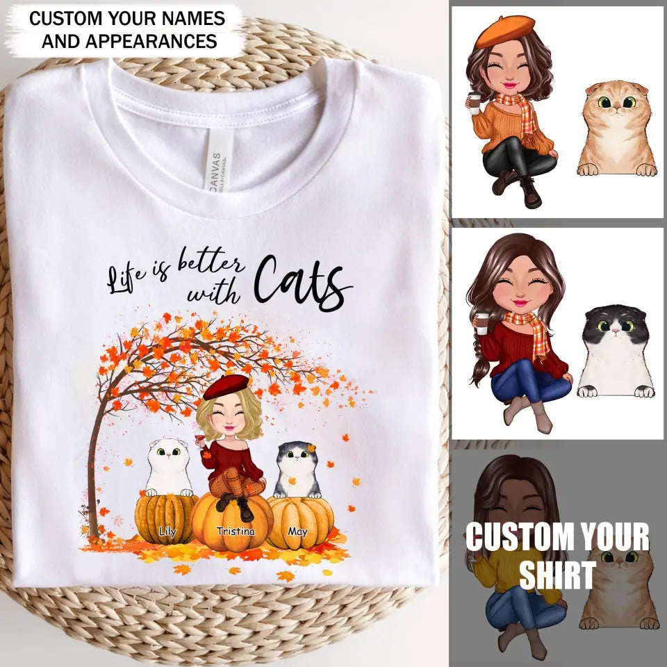 Personalized Life Is Better With Cats Fall Season Pumpkin T-shirt Printed MTPVD1007