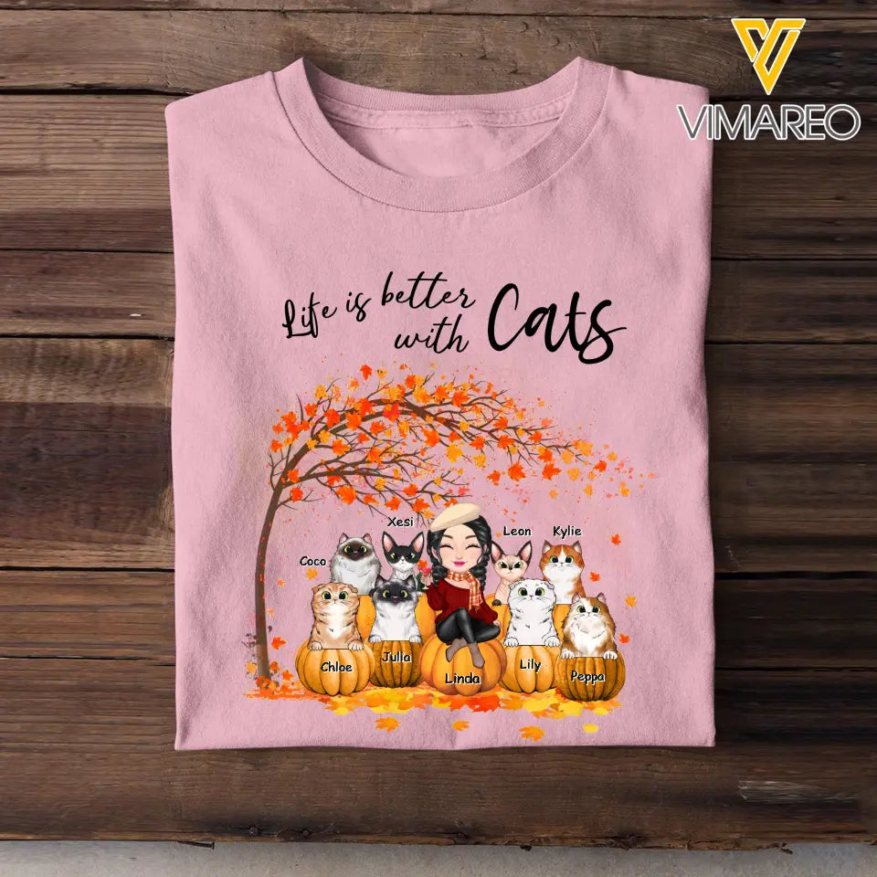 Personalized Life Is Better With Cats Fall Season Pumpkin T-shirt Printed MTPVD1007